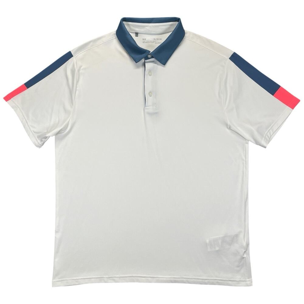 Under Armour HeatGear Men’s XL Polo Shirt White Blue Pink Trim Performance